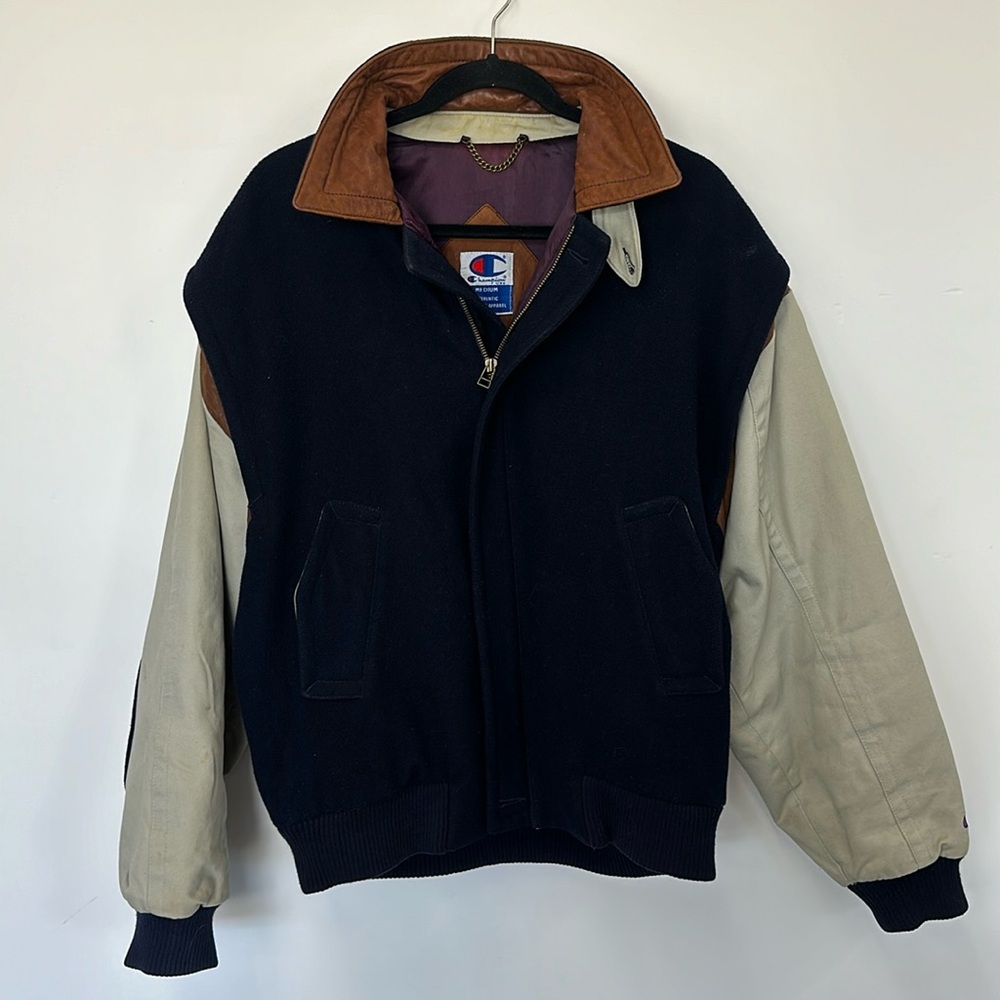 Champion Wool Varsity Bomber Leather Trim Vintage 90s Full Zip Jacket Mens m